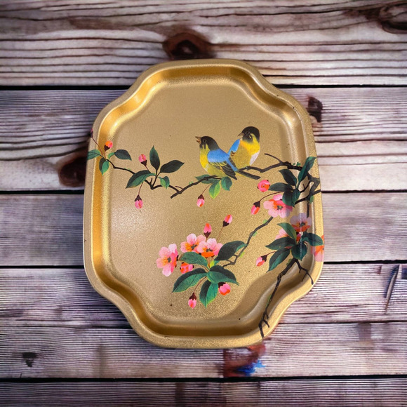VTG Tin Trinket Tray w blue /yellow birds cherry Blossoms made in England - Picture 1 of 6
